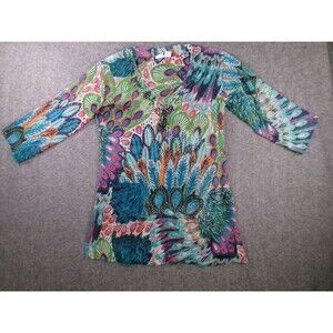 Indian Tropical Tunic Womens Small Rayon Beaded V Neck Peacock Print Flowy